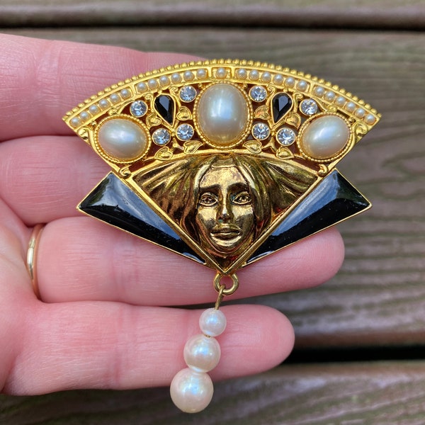 Vintage Jewelry Signed Edgar Berebi Limited Edition Exquisite Pearl and Rhinestone Woman’s Face Art Nouveau Style Pin Brooch