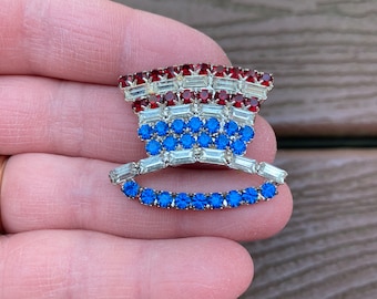 Vintage Jewelry Lovely Rhinestone American 4 de julio Patriótico Rojo Blanco y Azul Tío Sam Hat Pin Broche