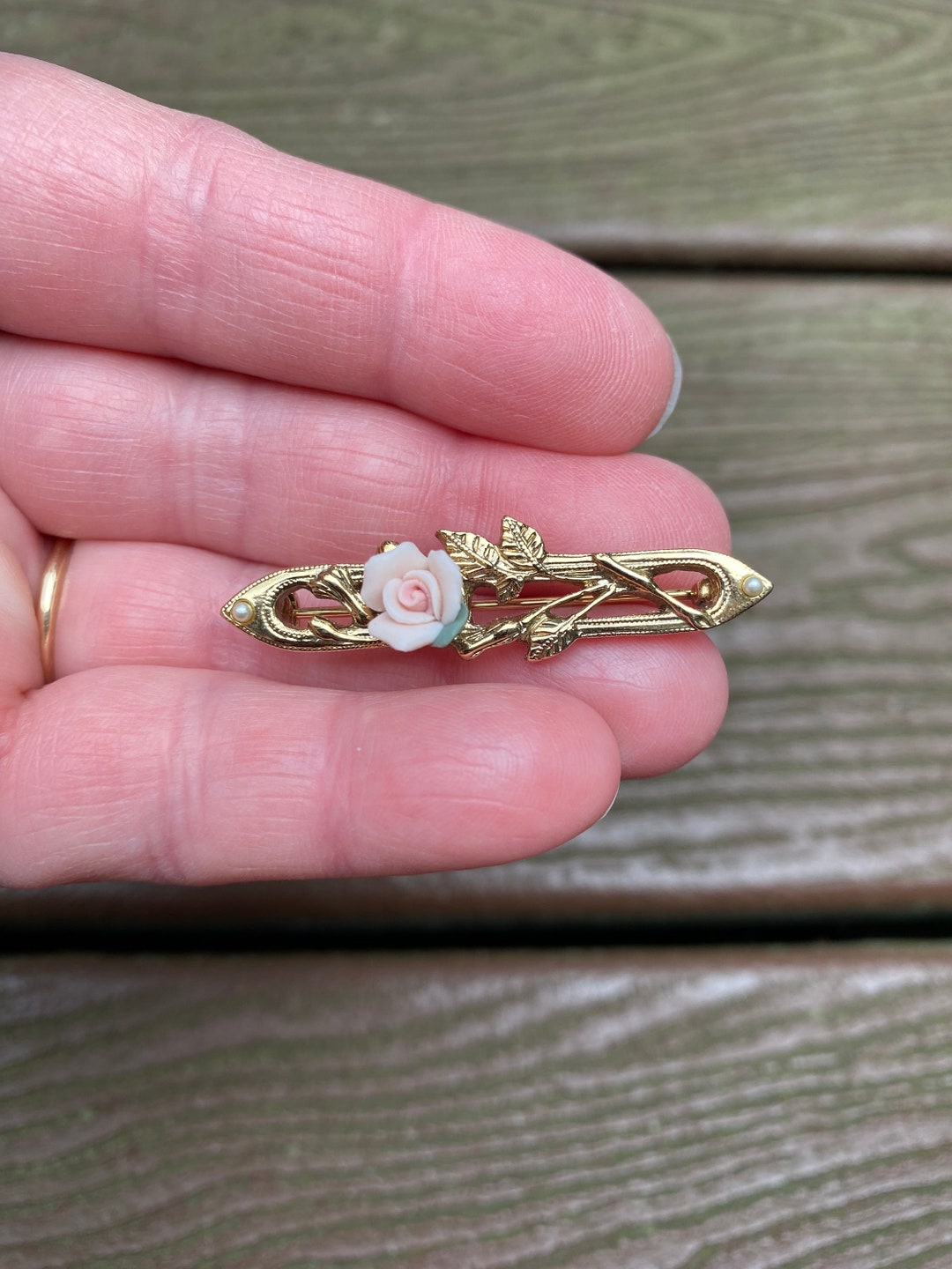 Broche Barrette émaillée Dorée à Fleurs En Porcelaine - Modèle DJ12 - Occasion Vintage