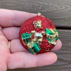 Vintage Jewelry Signed AJC Adorable Sparkly Christmas Ornament with Teddy Bear and Presents Pin Brooch