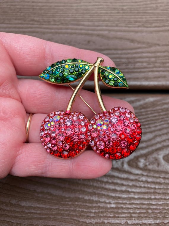 Vintage Jewelry Gorgeous Rhinestone Cherries Cherry Fruit