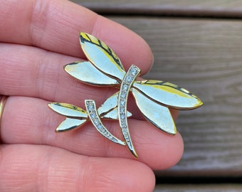 Vintage sieraden mooie goudkleurige en strass Dragonfly Friends Pin broche