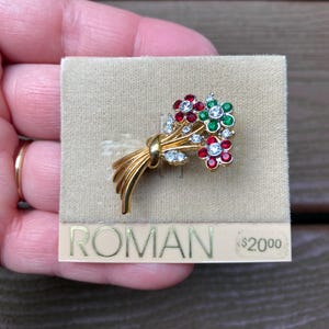 Broche de buquê de flores com strass romano assinado vintage, novo em cartão