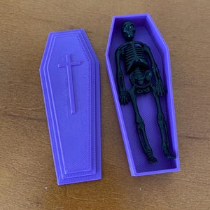 Dollhouse Miniature Halloween Macabre Skeleton in Purple Coffin Funeral Diorama Dracula Vampire Mini Casket 3 1/2” Long