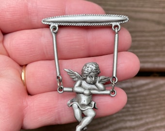 Vintage Jewelry Signed JJ Jonette Adorable Angel on Swing Pin Brooch