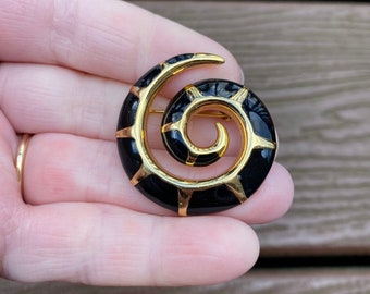 Vintage Jewelry Signed Orena Paris Beautiful Black Enamel and Gold Tone Swirl Pin Brooch