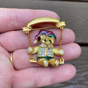 Vintage Jewelry Adorable Gold Tone and Enamel Teddy Bear in Santa Hat on Swing Christmas Pin Brooch
