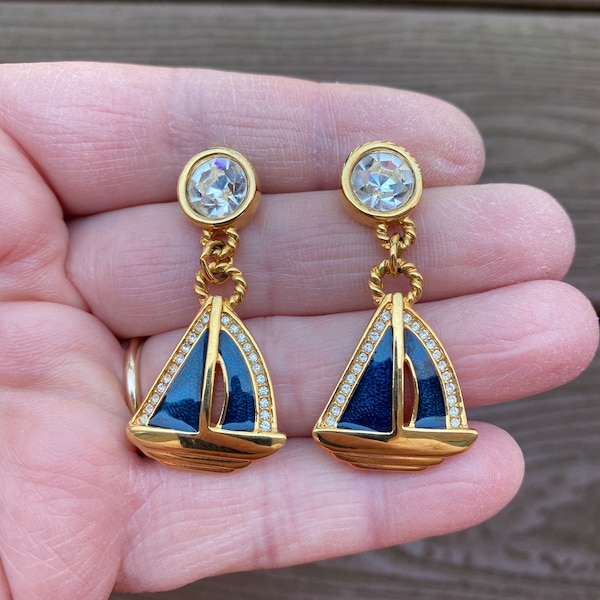 Vintage Jewelry Stunning Swarovski Vonelle Enamel and Rhinestone Sailboat Boat Pierced Dangle Earrings