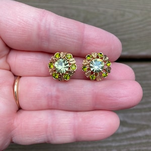 Vintage Jewelry Signed Avon 1970s New Old Stock Gorgeous Green Rhinestone Clip On Earrings