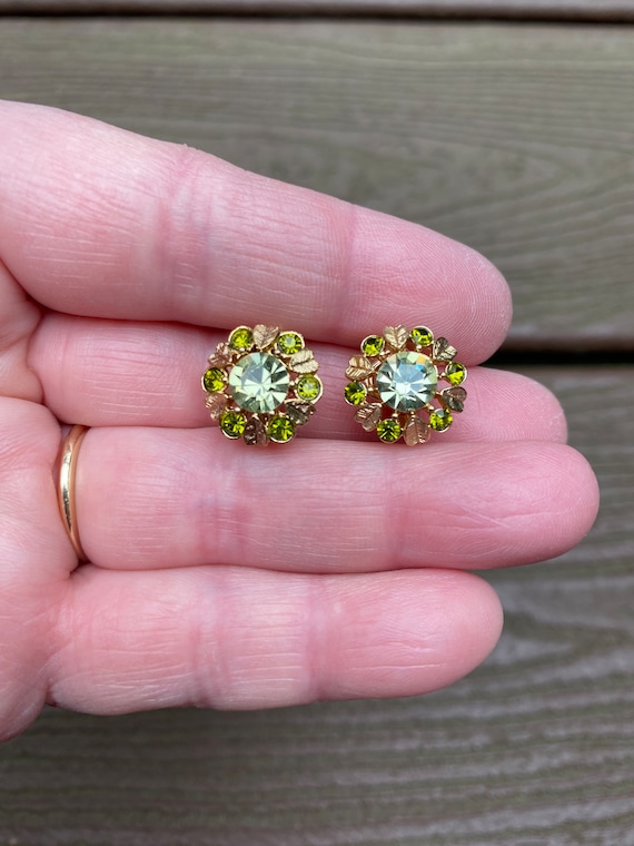 Vintage Jewelry Signed Avon 1970s New Old Stock Gorgeous Green Rhinestone Clip On Earrings