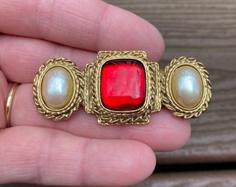 Vintage Jewelry Beautiful 1928 Pearl and Red Lucite Victorian Revival Pin Brooch
