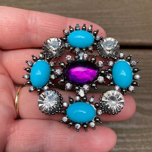 Vintage Jewelry Stunning Turquoise and Purple Jelly Cabs with White Rhinestones Pin Brooch