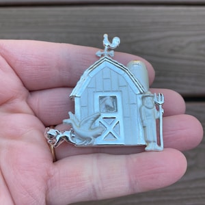 Vintage Jewelry Signed AJC Adorable Farm Barn Scene with Farmer and Animals Pin Brooch