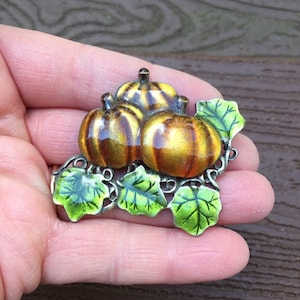 Vintage Jewelry Signed AJMC Beautiful Enamel Fall Autumn Pumpkin Patch Pin Brooch