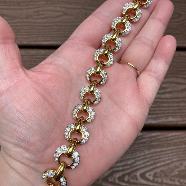 Vintage Jewelry Signed Swarovski Stunning Gold Tone and Crystal Rhinestone Link Bracelet
