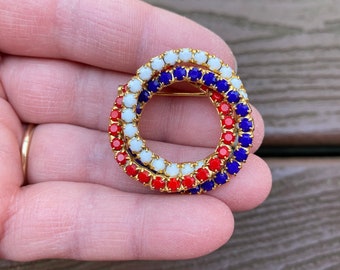 Vintage sieraden mooie rode witte en blauwe strass patriottische 4 juli ronde pin broche