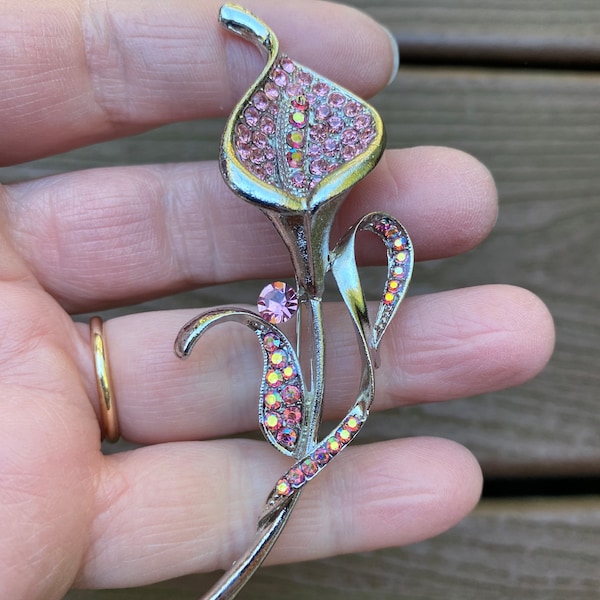 Vintage Jewelry Beautiful Silver Tone and Pink Rhinestone Calla Lily Flower Pin Brooch