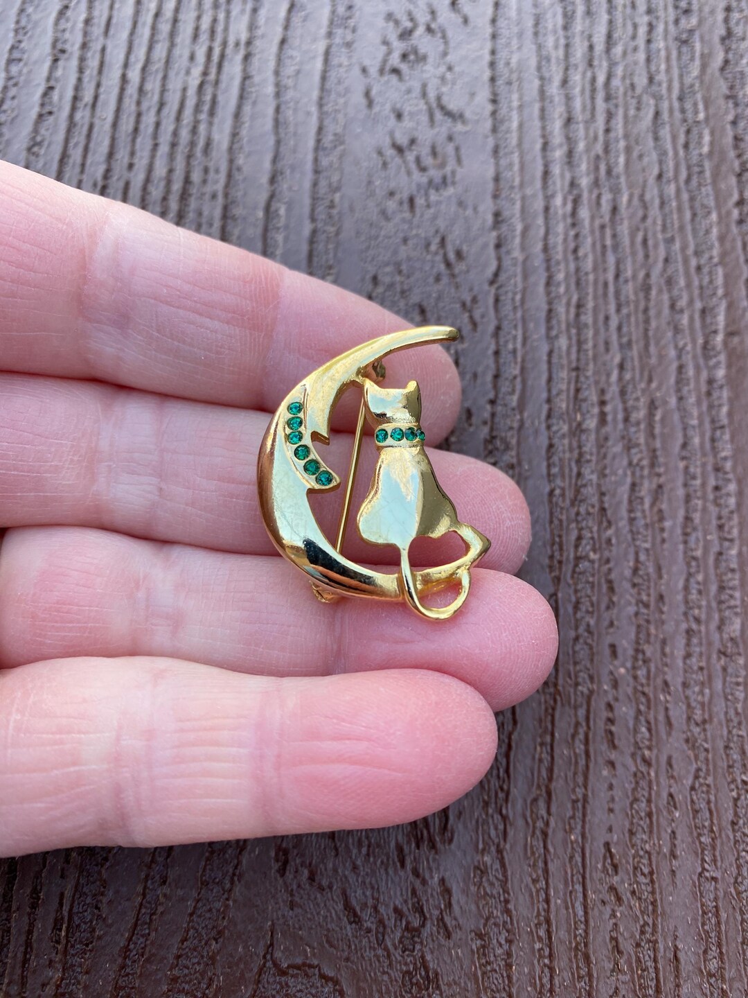Vintage Jewelry Adorable Gold Tone and Rhinestone Kitty Cat on Moon Pin ...
