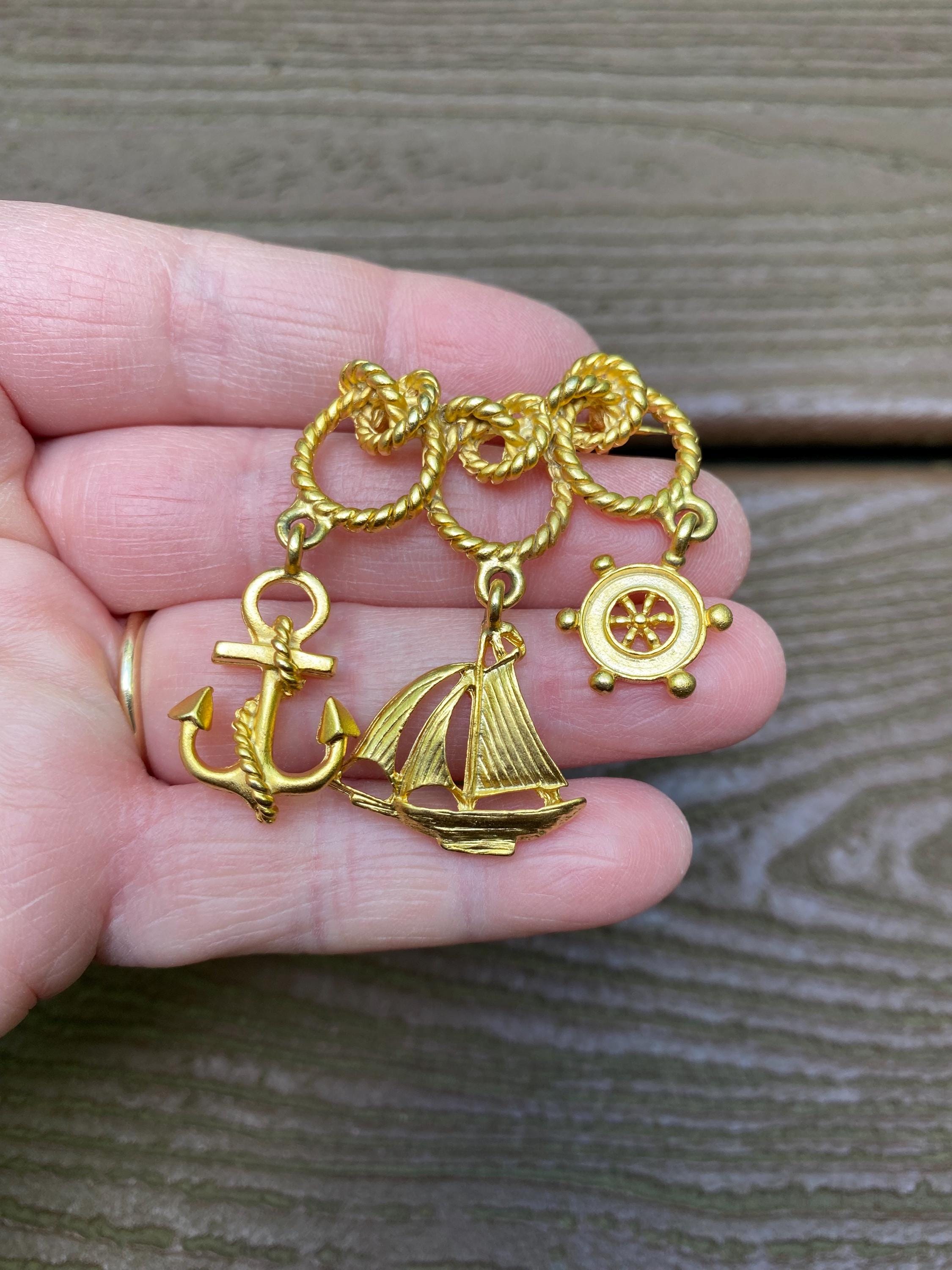 Vintage Jewelry Lovely Gold Tone Sailboat Ship Anchor Boat Wheel Nautical Dangle Pin Brooch
