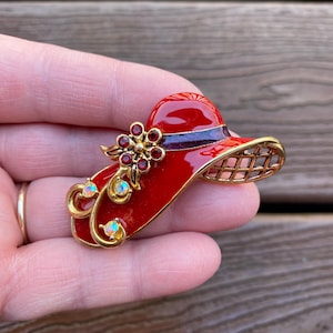 Vintage Jewelry Lovely Red and Purple Enamel and Rhinestone Red Hat Society Pin Brooch