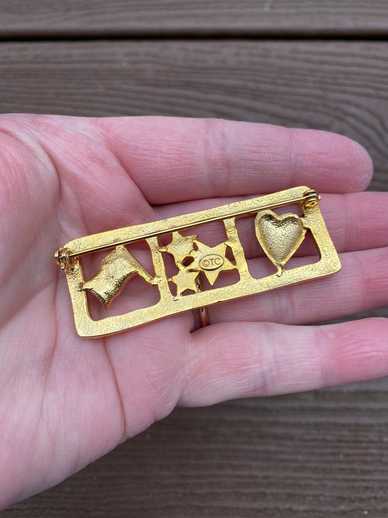 Vintage Jewelry Signed TC Tanya Creations Adorable Enamel Patriotic USA Flag Stars Heart Pin Brooch