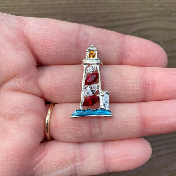 Vintage Jewelry Gorgeous Rhinestone and Enamel Lighthouse Pin Brooch