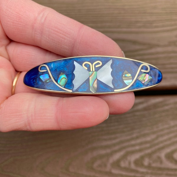 Vintage Signed Alpaca Mexico Beautiful Mother of Pearl and Paua Abalone Shell Inlay Butterfly Barrette