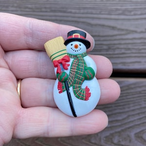 Vintage Jewelry Adorable Hallmark Christmas Snowman with Scarf and Broom Pin Brooch