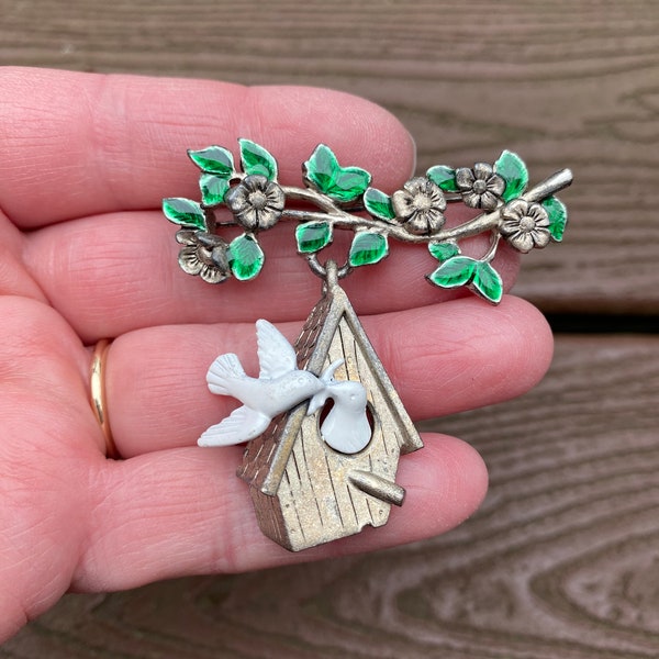 Vintage Jewelry Signed Danecraft Beautiful Birdhouse with Birds Dangle Pin Brooch