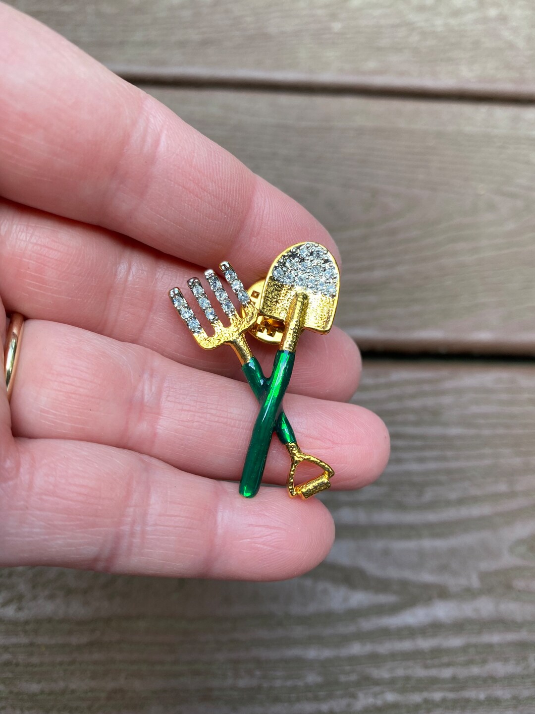 Stone Rake Pin Vintage Jewelry Adorable Enamel and Rhinestone Garden Tools Shovel Rake ...