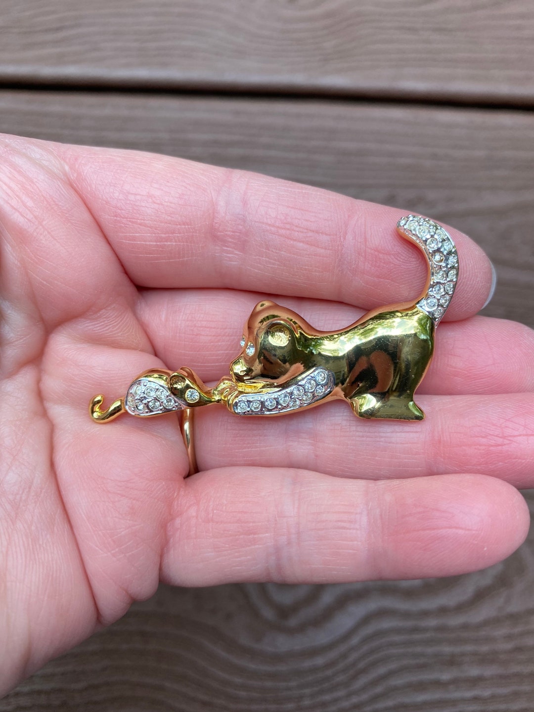 Vintage Jewelry Adorable Gold Tone and Rhinestone Kitty Cat With Mouse ...