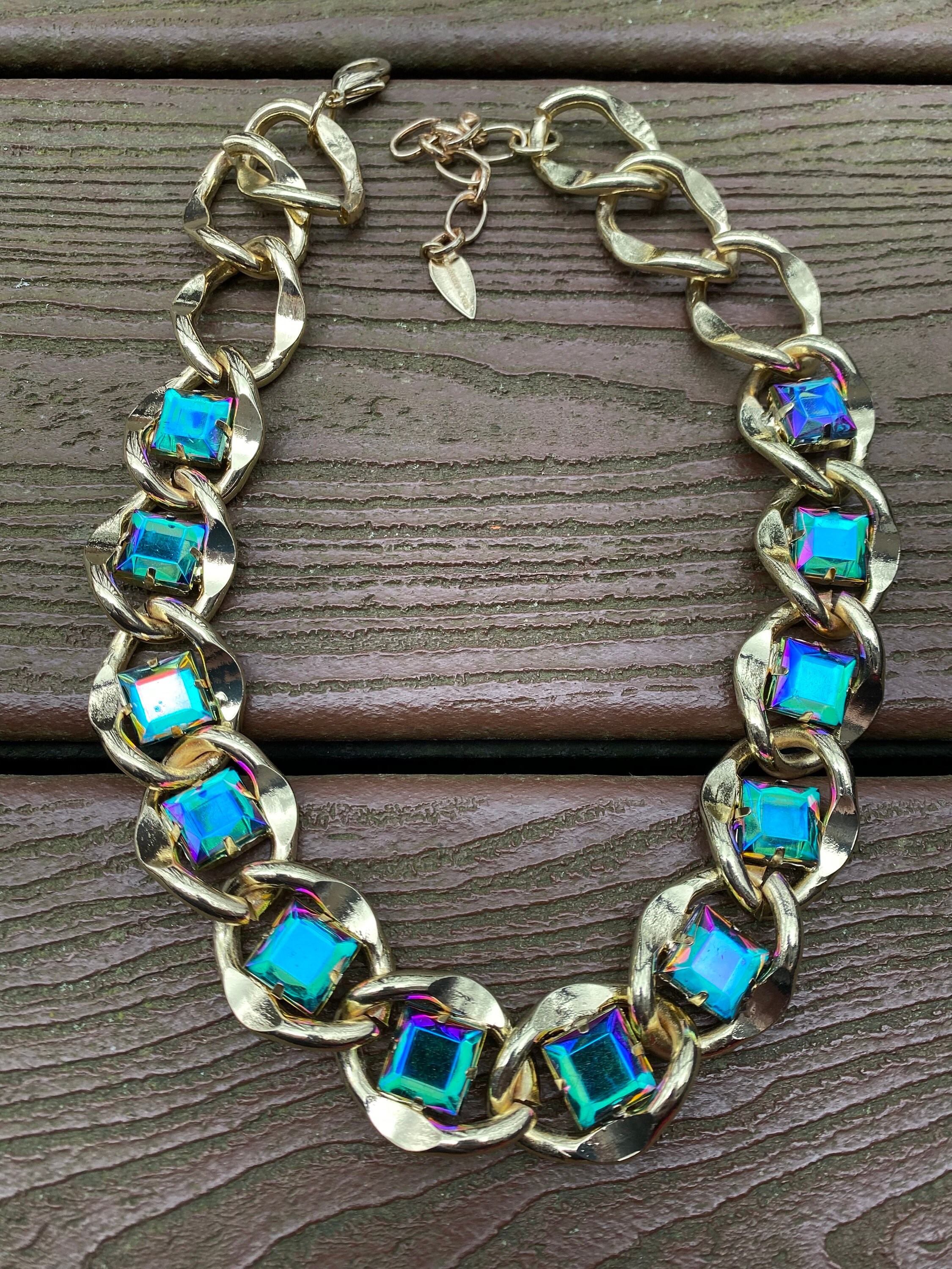 Vintage Jewelry Signed Coldwater Creek Gorgeous Blue Iridescent Squares Necklace