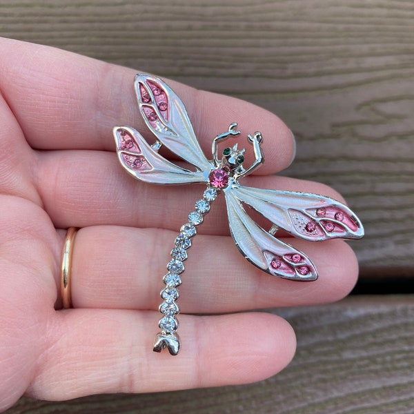 Vintage Jewelry Beautiful Pink and White Enamel with Rhinestones Dragonfly Pin Brooch