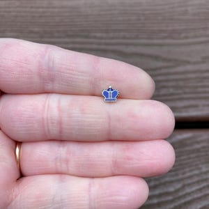 May include: A small blue and silver crown charm. The crown is detailed with white enamel and silver accents.