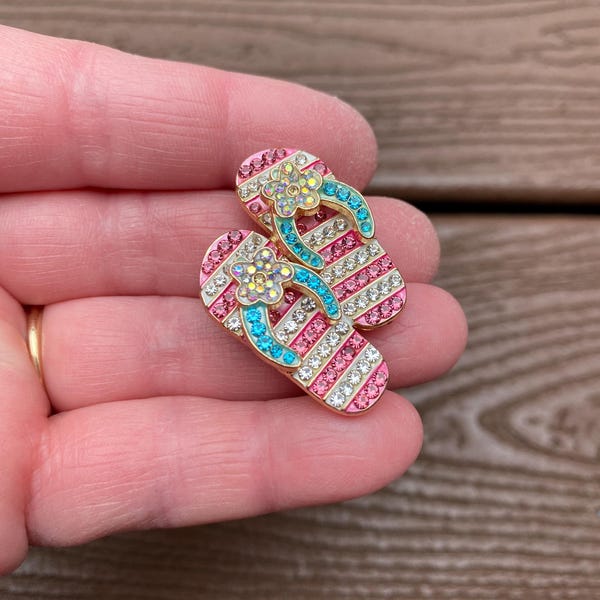 Vintage Jewelry Adorable Pink Blue and Aurora Borealis Rhinestone Flip Flops with Flowers Pin Brooch
