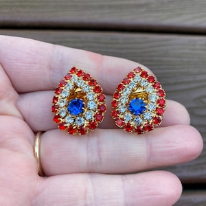 Vintage Jewelry Beautiful Red White and Blue Rhinestone Patriotic 4th of July Clip On Earrings