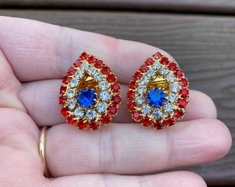 Vintage Jewelry Beautiful Red White and Blue Rhinestone Patriotic 4th of July Clip On Earrings