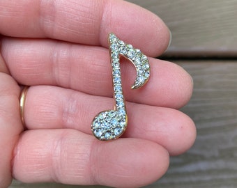 Vintage Jewelry Beautiful Gold Tone and Rhinestone Music Note Pin Brooch
