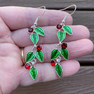 Vintage Jewelry Beautiful Enamel and Rhinestone Holly Pierced Dangle Earrings