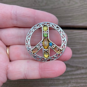 Vintage Jewelry Lovely Silver Tone and Rhinestone Peace Sign Pin Brooch