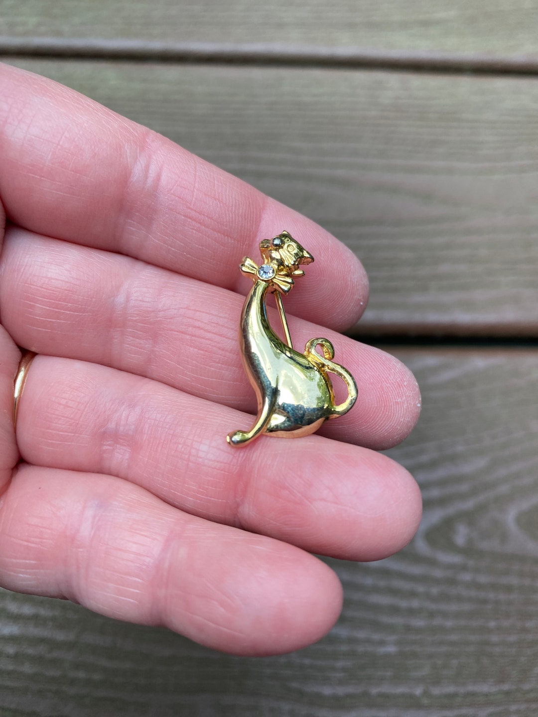 Vintage Jewelry Adorable Gold Tone and Rhinestone Kitty Cat Pin Brooch ...