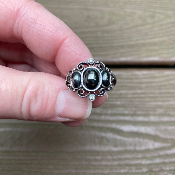 Vintage Jewelry Signed Avon Beautiful 1970s New Old Stock Hematite Cabochons and Rhinestones Adjustable Ring