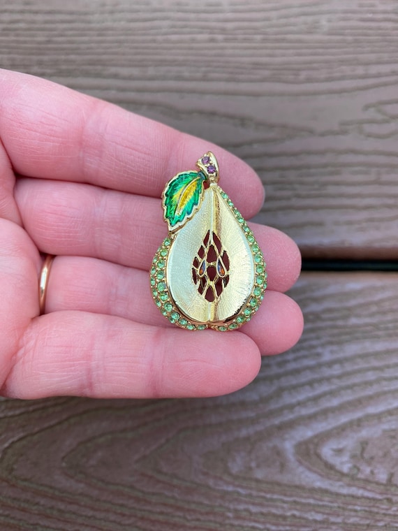 Vintage Jewelry Signed Danecraft Beautiful Gold Tone Enamel and Rhinestone  Pear Pin Brooch