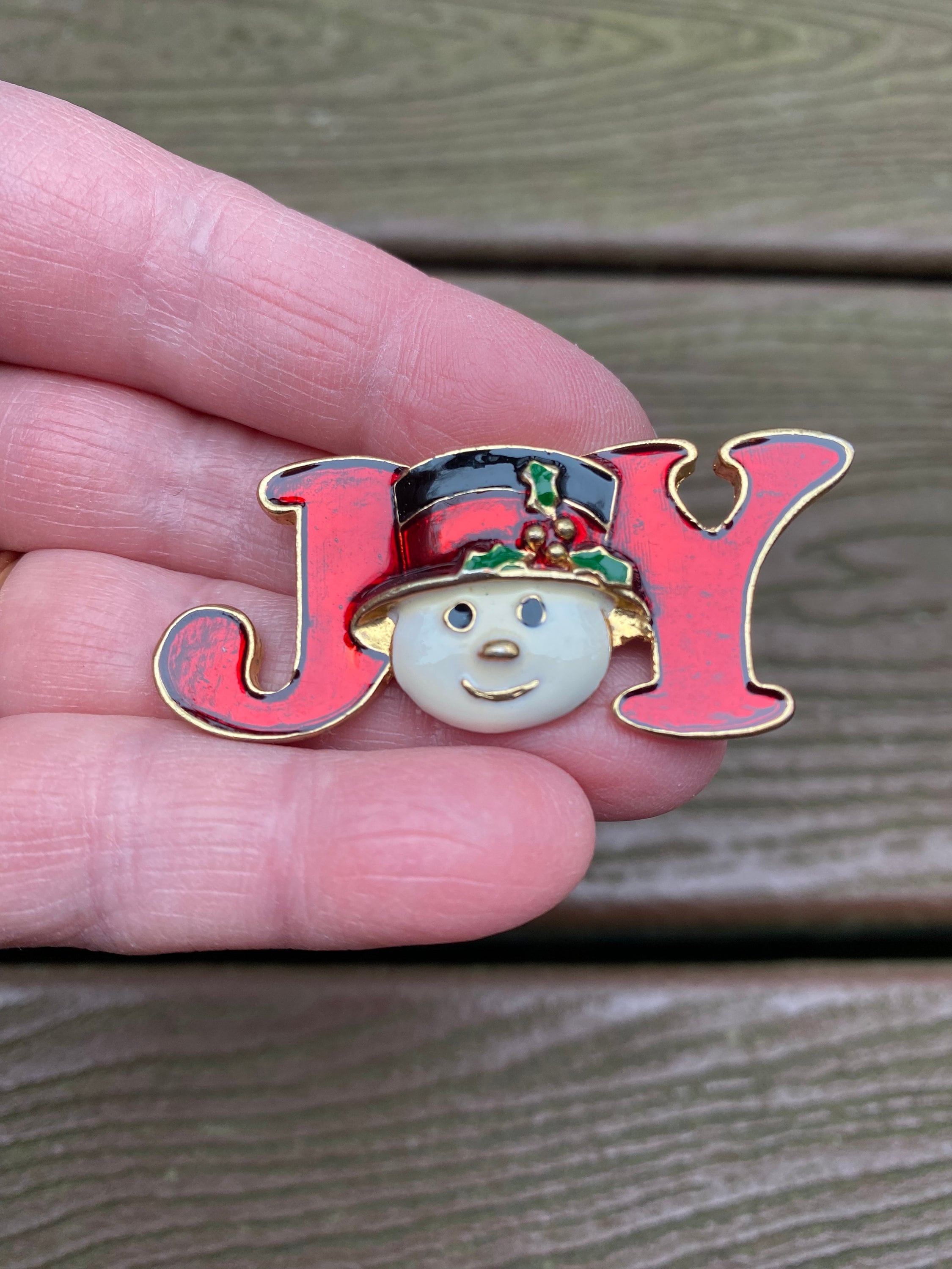 Vintage Jewelry Adorable Enamel Christmas Joy with Snowman Pin Brooch