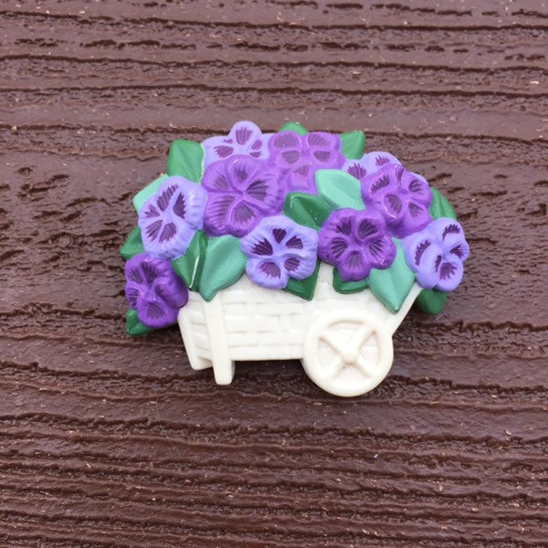 Vintage Jewelry Signed Hallmark Beautiful Wheelbarrow of Pansies Flowers Pin Brooch