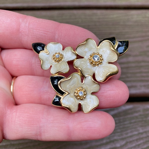 Vintage Jewelry Signed Trifari Rare Beautiful Enamel and Rhinestone Dogwood Flowers Pin Brooch