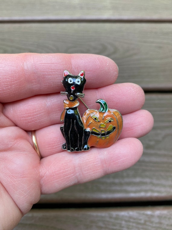 Vintage Jewelry Spooky Jack O'lantern Pumpkin Biting Black Cat