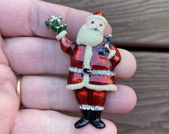 Vintage Jewelry Adorable Enamel and Rhinestone Santa Claus with Christmas Gift Pin Brooch