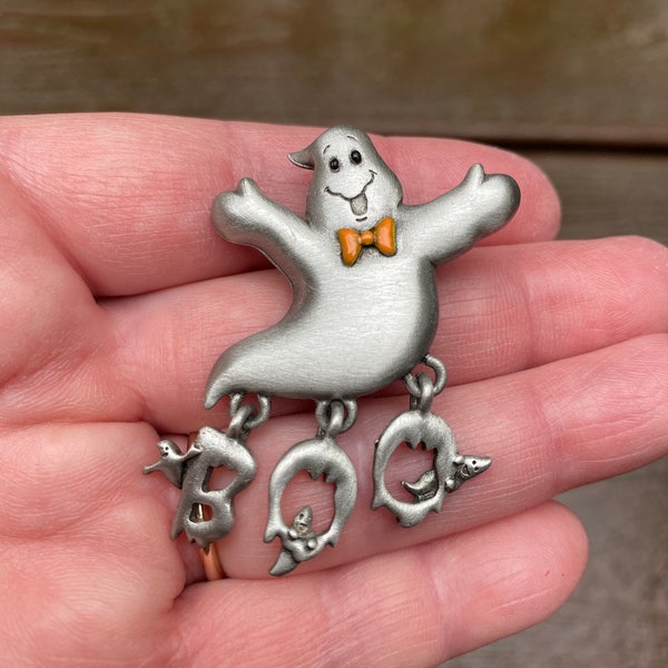 Vintage Jewelry Signed Spoontiques JJ Jonette Adorable Boo Ghost with Little Dangling Ghosts Halloween Pin Brooch