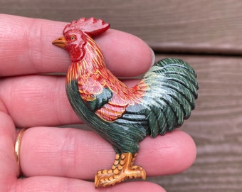 Vintage Jewelry Beautiful Artisan Handpainted Rooster Chicken Pin Brooch